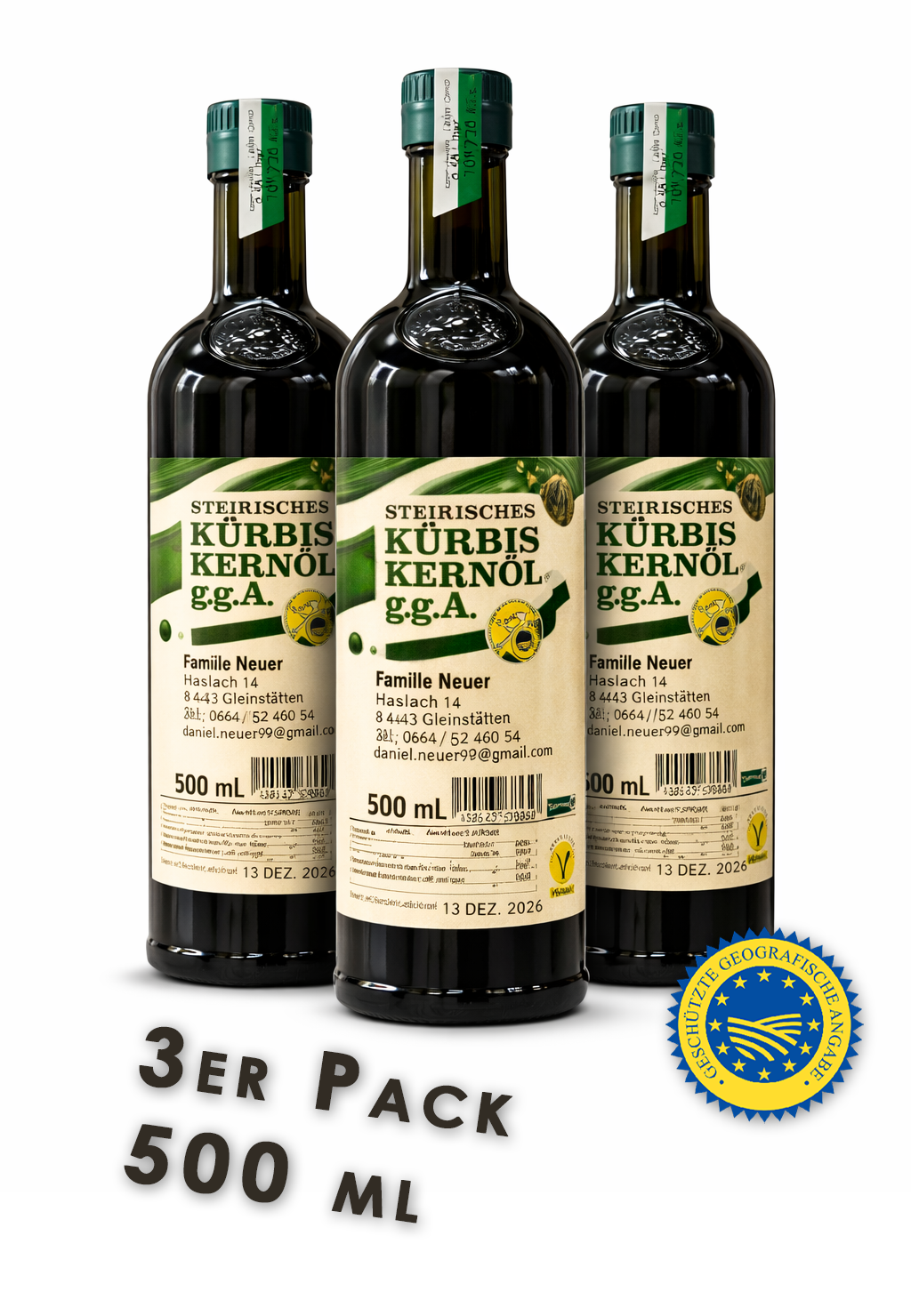 Styrian Pumpkin Seed Oil PGI – 3x 500 ml | 100% natural