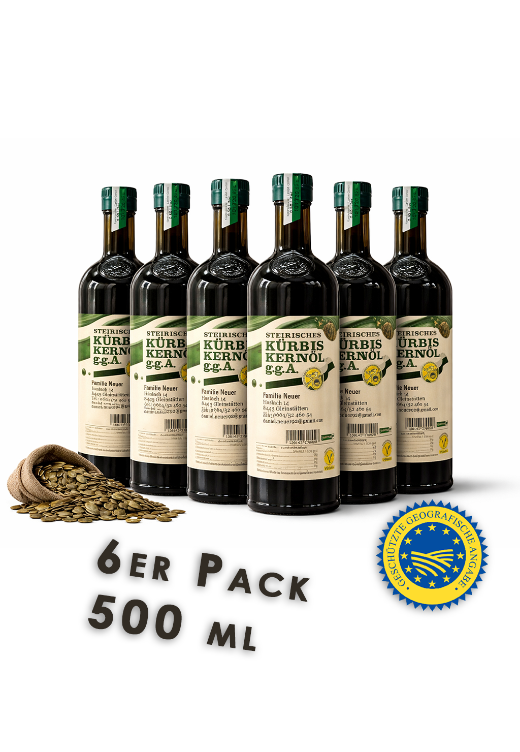 Steirisches Kürbiskernöl g.g.A. – 6x 500 ml | 100% naturrein